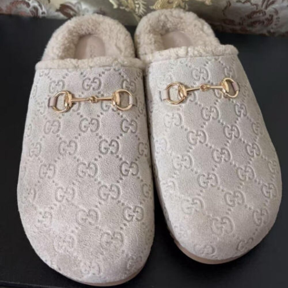 Horsebit Gucci GG Suede Shearling Mules
